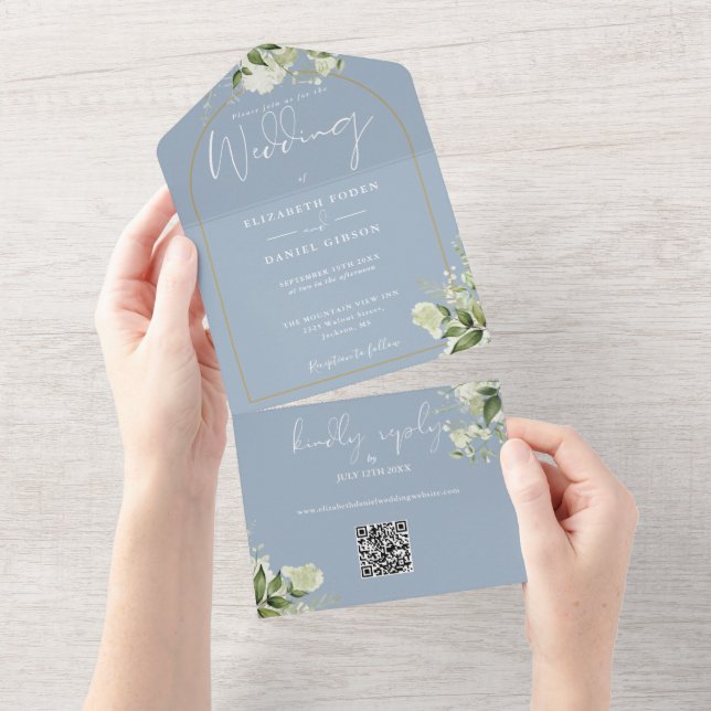 Casamento Código QR Arco Dourado Verde Poeira Azul (Tearaway)