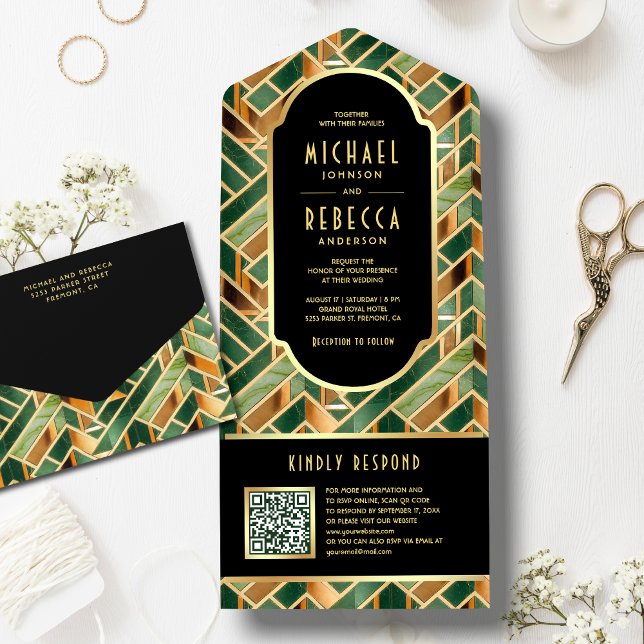 Casamento Código QR Art Deco Mármore Dourado Verde (Criador carregado)