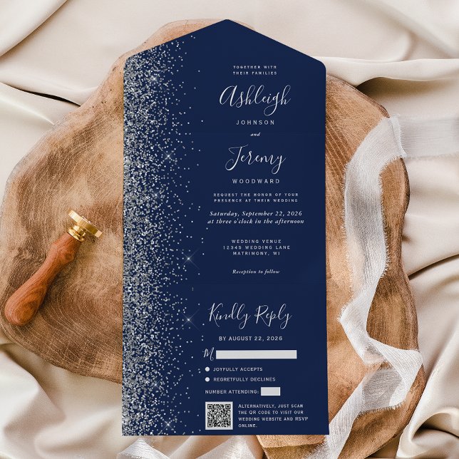 Casamento Código QR Brilho Prata Azul Marinho (Criador carregado)