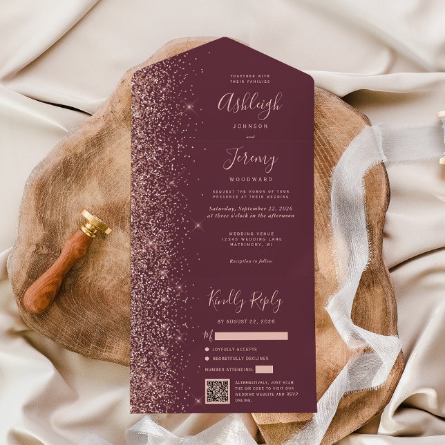 Casamento Código QR Burgundy Brilho Dourado Rosa (Criador carregado)