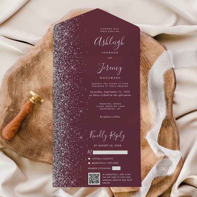 Casamento Código QR com Brilho em Prata e Borgonha (Criador carregado)