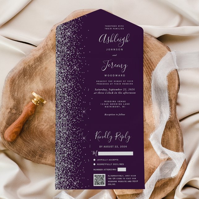 Casamento Código QR com Brilho Prata Roxo Moderno (Criador carregado)