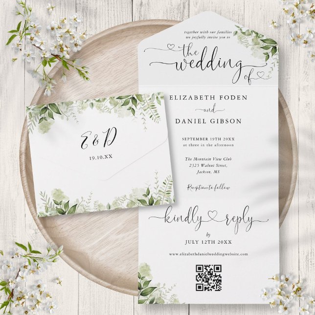 Casamento Código QR Corações Roteiro Elegante Vege (Greenery Elegant Script Hearts QR Code Wedding All In One Invitation)