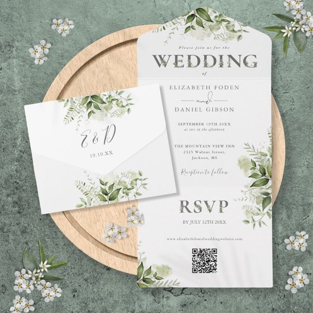Casamento Código QR de Elegante Verde Rústico (Elegant Rustic Greenery QR Code Wedding All In One Invitation)