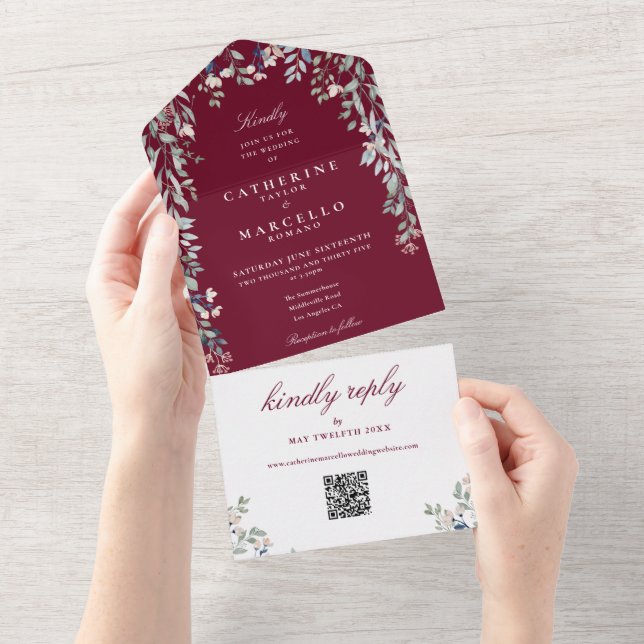 Casamento Código QR de Floral Verde de Borgonha (Aba destacável)