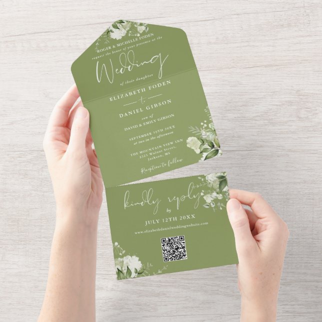 Casamento Código QR de Floral Verde Musgo (Tearaway)