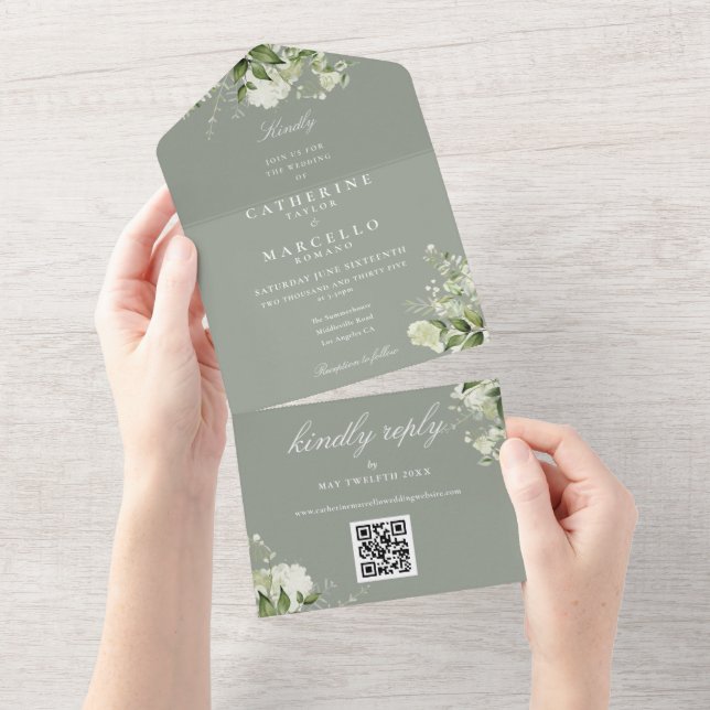 Casamento Código QR de Floral Verde Oliva (Aba destacável)