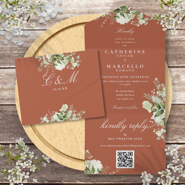 Casamento Código QR de Floral Verde Terracota (Terracotta Floral Greenery QR Code Wedding All In One Invitation)
