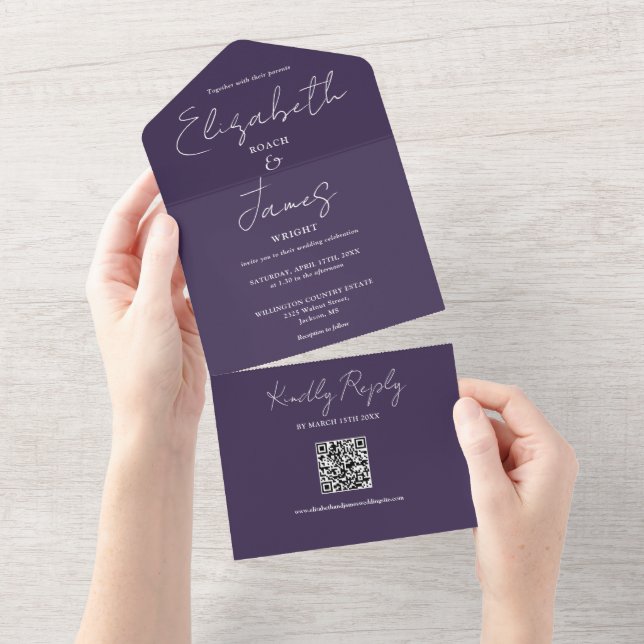 Casamento Código QR de Letra Elegante Moderno Roxo (Aba destacável)