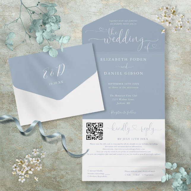 Casamento Código QR de Letra Minimalista Azul Empo (Dusty Blue Minimalist Script QR Code Wedding All In One Invitation)