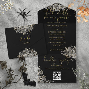 Casamento Código QR de Rosas Pretas e Douradas Gót