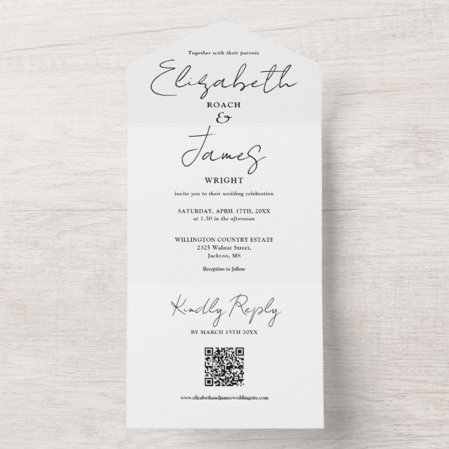 Casamento Código QR de Script Preto e Branco Elega (Interno)