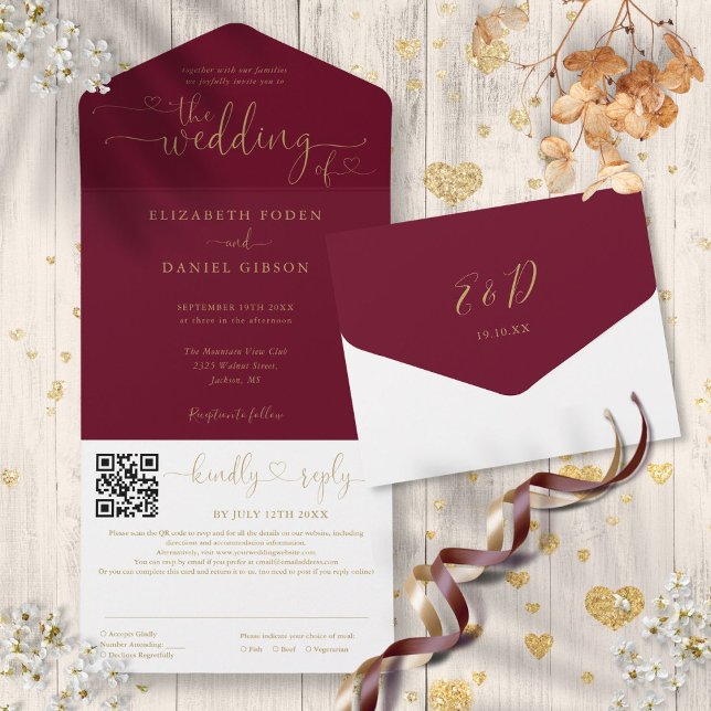 Casamento Código QR em Script de Corações em Borgo (Burgundy And Gold Hearts Script QR Code Wedding All In One Invitation)