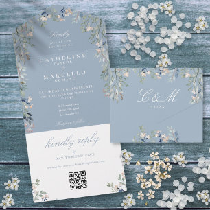 Casamento Código QR Floral Azul Empoeirado