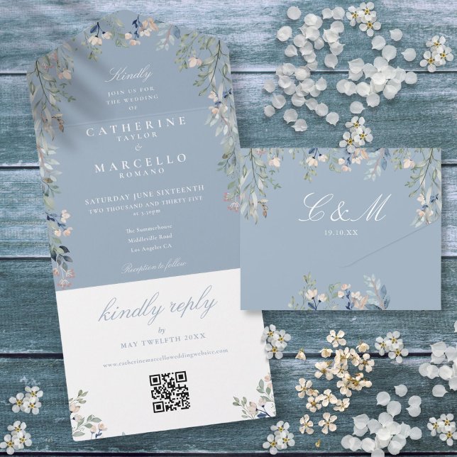 Casamento Código QR Floral Azul Empoeirado (Dusty Blue Floral Greenery QR Code Wedding All In One Invitation)