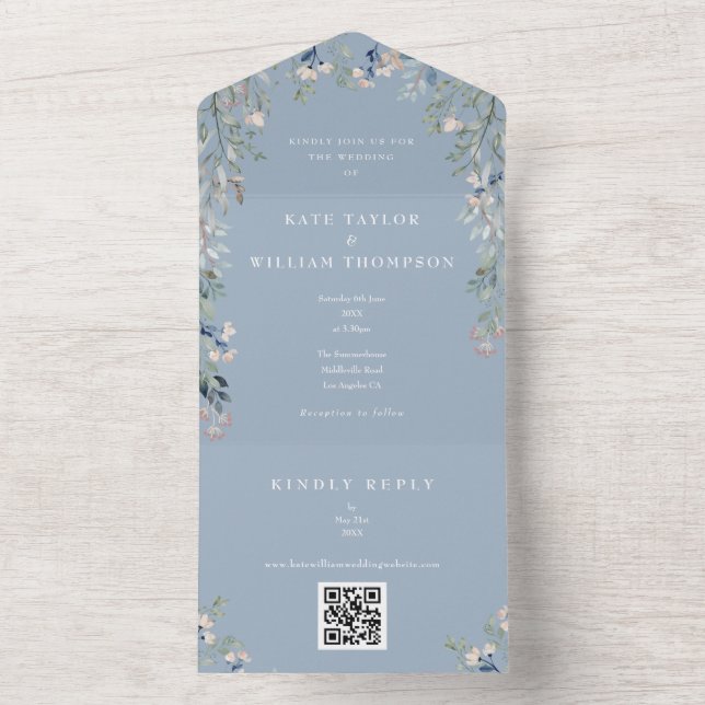 Casamento Código QR Floral Azul Poeirento Verde (Inside)