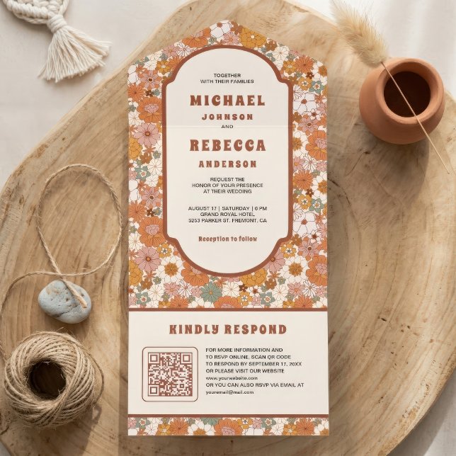 Casamento Código QR Floral Colorido Groovy dos Ano (Criador carregado)