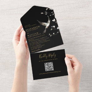 Casamento Código QR Floral de Chinoiserie Preto e 