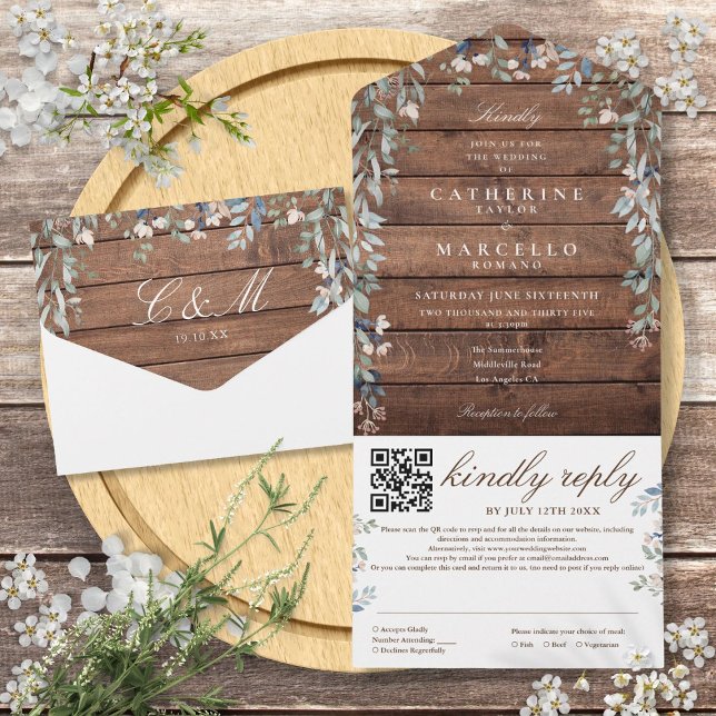 Casamento Código QR Floral de Madeira de Celeiro R (Rustic Barn Wood Floral Greenery QR Code Wedding All In One Invitation)