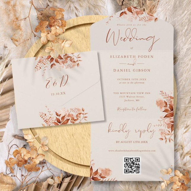 Casamento Código QR Floral Outono Rústico (Rustic Autumn Fall Floral QR Code Wedding All In One Invitation)