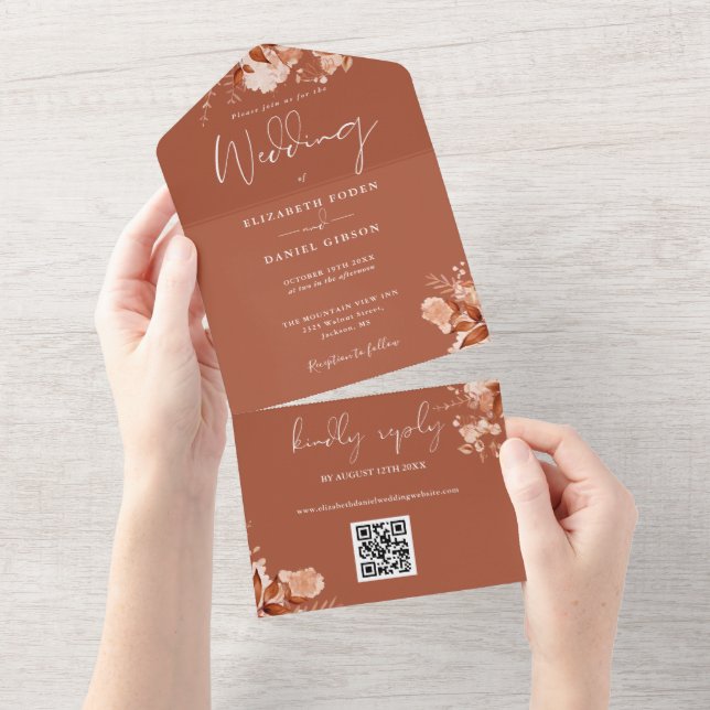 Casamento Código QR Floral Outono Terracota (Aba destacável)