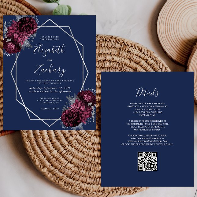Casamento Código QR Floral Prata Borgonha Azul-Mar (Criador carregado)
