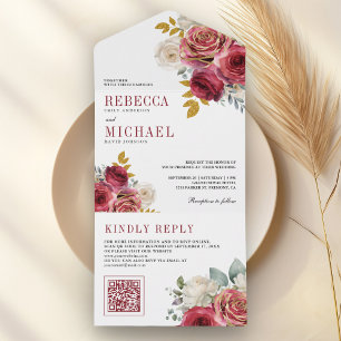 Casamento Código QR Floral Rosas Vermelhas Borgonh
