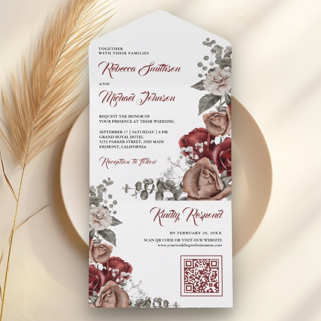 Casamento Código QR Floral Rosas Vermelhas Borgonh (Criador carregado)