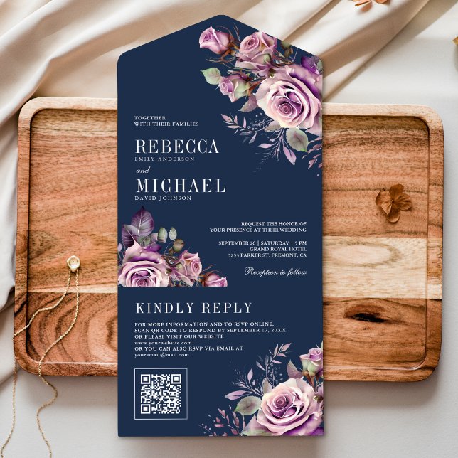 Casamento Código QR Floral Roxo Empoeirado Azul Na (Criador carregado)