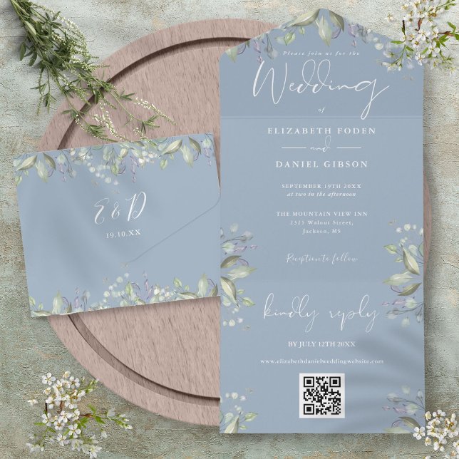 Casamento Código QR Floral Verde Azul Empoeirado e (Dusty Blue Greenery Floral Script QR Code Wedding All In One Invitation)