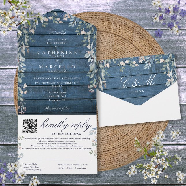 Casamento Código QR Floral Verde Azul Rústico em M (Rustic Blue Wood Floral Greenery QR Code Wedding All In One Invitation)