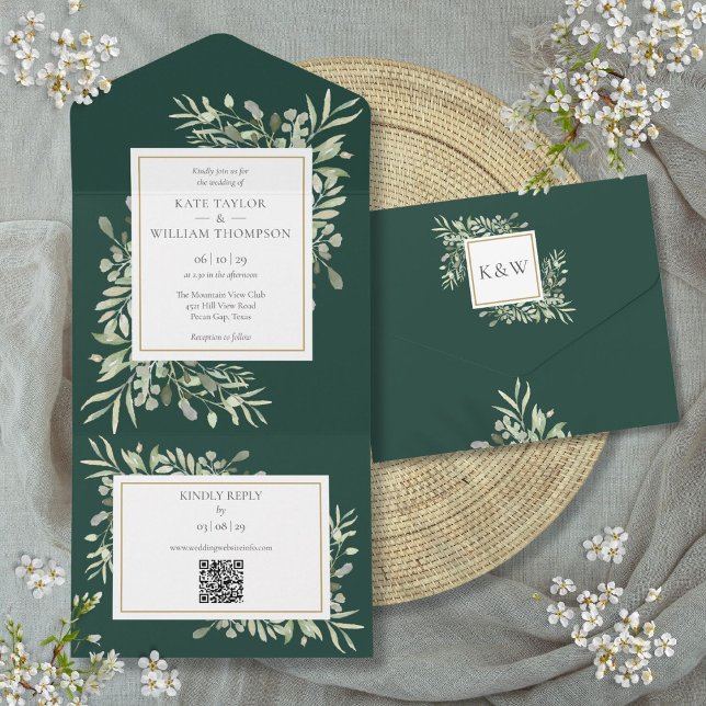 Casamento Código QR Floral Verde Esmeralda (Emerald Greenery Floral QR Code Wedding All In One Invitation)