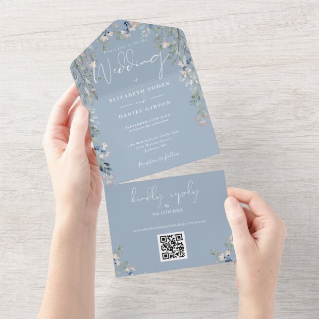 Casamento Código QR Floral Verde Poeira Azul (Tearaway)