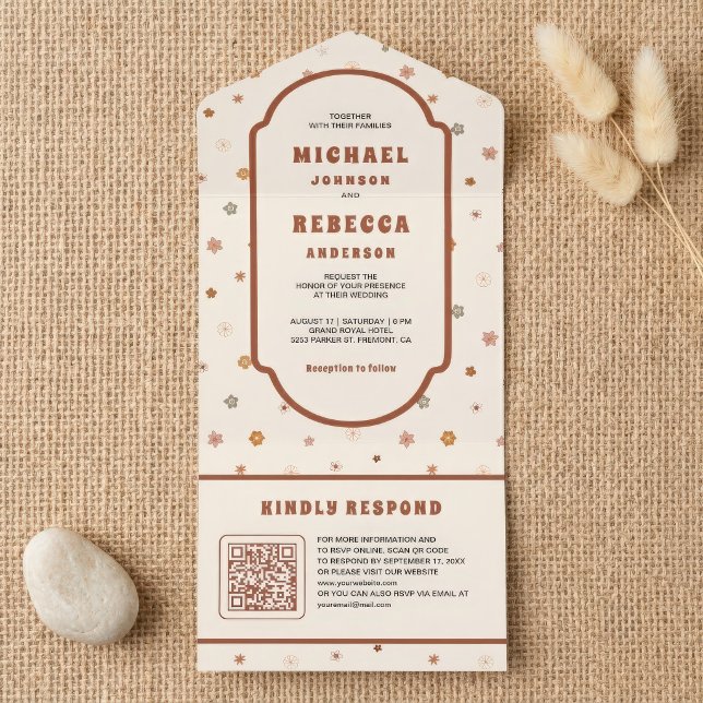 Casamento Código QR Flores Delicadas Groovy Retro  (Criador carregado)