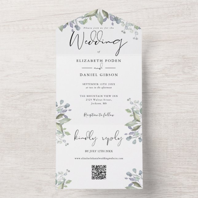 Casamento Código QR Folhagem Verde Script Elegante (Interno)