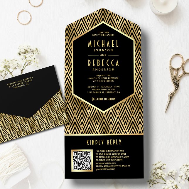 Casamento Código QR Geométrico Art Déco Ouro Preto (Criador carregado)