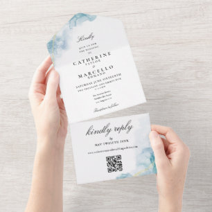 Casamento Código QR Glitter Dourado Aquarela Azul
