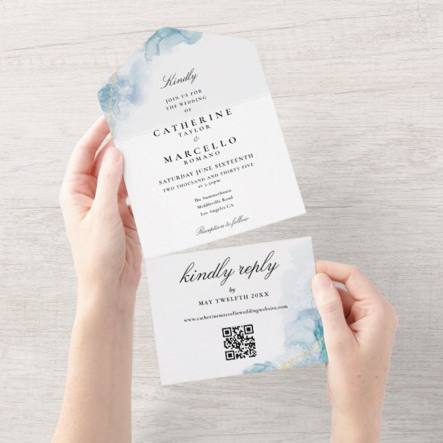 Casamento Código QR Glitter Dourado Aquarela Azul (Tearaway)