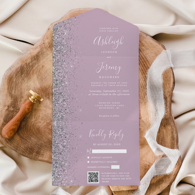 Casamento Código QR Glitter Lilás Pó de Prata (Criador carregado)