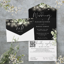 Casamento Código QR Luzes Florais Preto e Branco