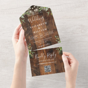 Casamento Código QR Luzes Verde Folhagem Madeira R