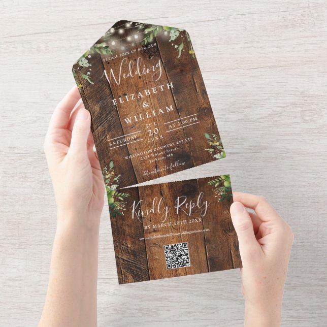 Casamento Código QR Luzes Verde Folhagem Madeira R (Aba destacável)