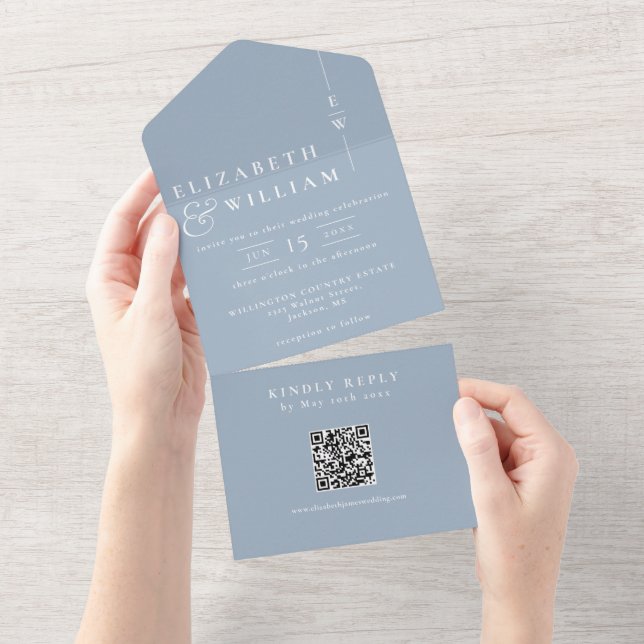 Casamento Código QR Monograma Minimalista Azul Emp (Aba destacável)