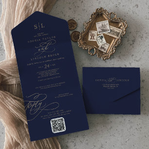 Casamento Código QR Monograma Ouro e Azul-Marinho