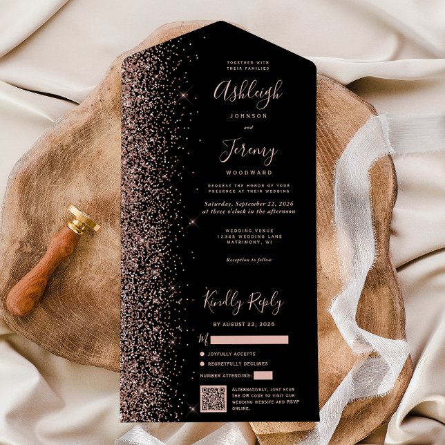 Casamento Código QR Preto Brilho Dourado Rosa (Criador carregado)