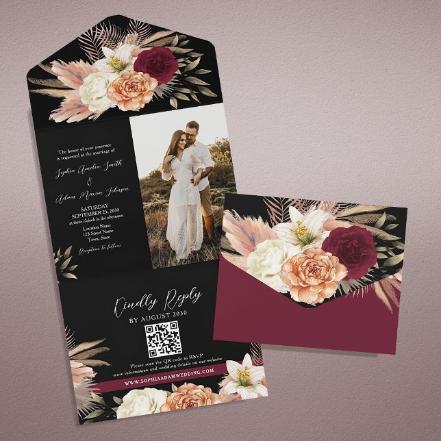 Casamento Código QR Preto Burgundy (Criador carregado)