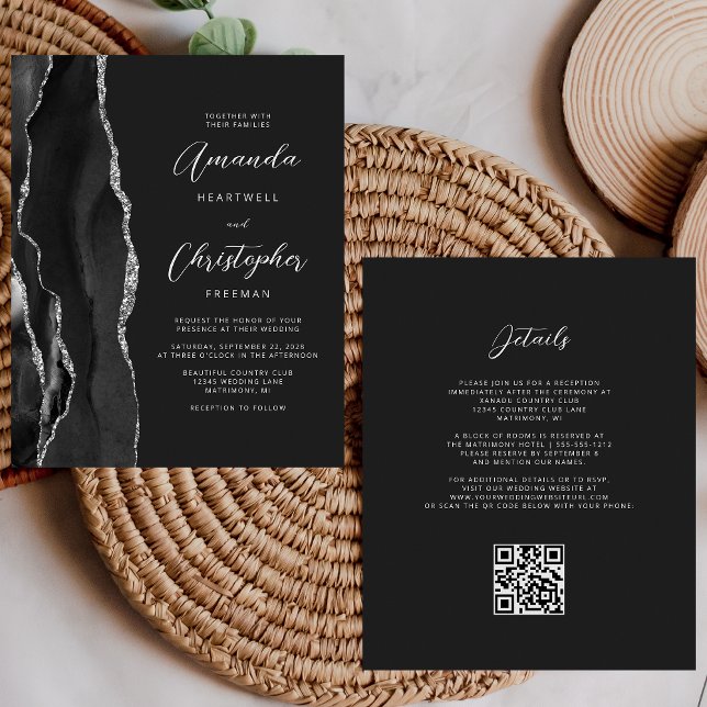 Casamento Código QR Preto Escuro Ágata Prata Orçam (Criador carregado)