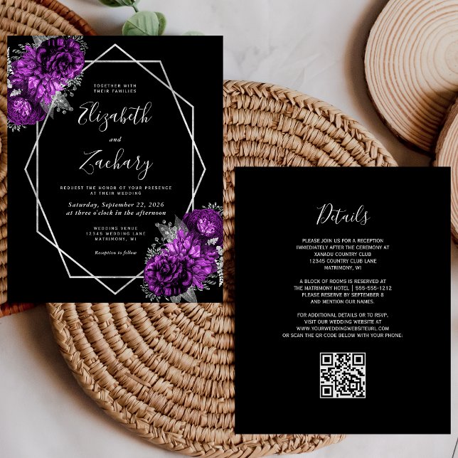 Casamento Código QR Preto Floral Roxo Prata Orçame (Criador carregado)