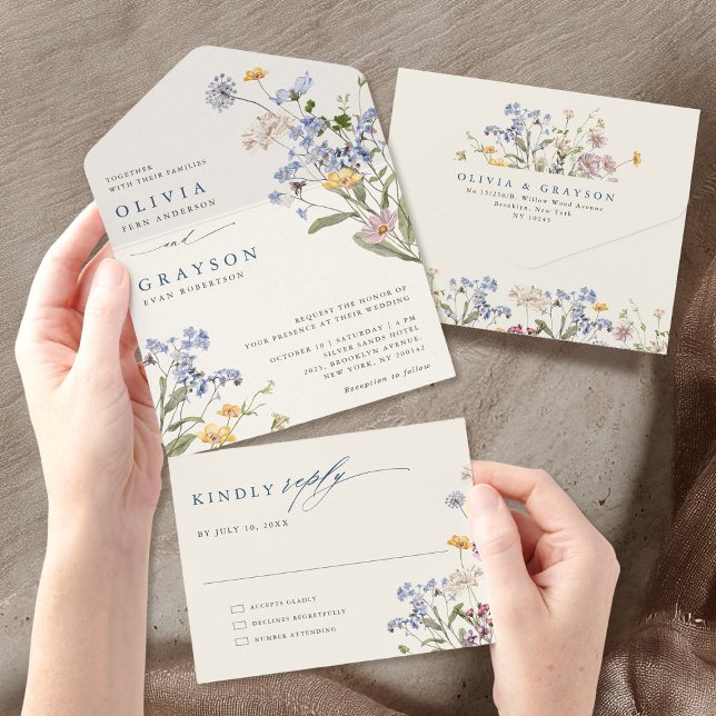 Casamento Colorido de Primavera Wildflower Meadow  (Colorful Spring Wildflower Meadow Garden Wedding All In One Invitation)