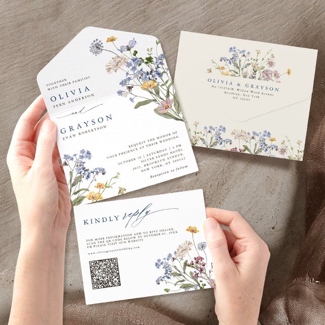 Casamento Colorido de Primavera Wildflower Meadow  (Colorful Spring Wildflower Meadow Garden Wedding All In One Invitation)